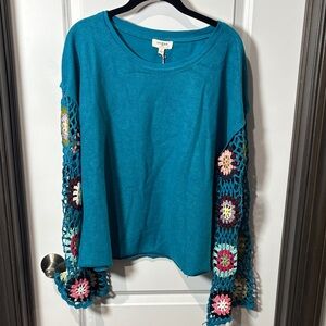 Umgee Teal Top with Colorful Crochet Sleeves